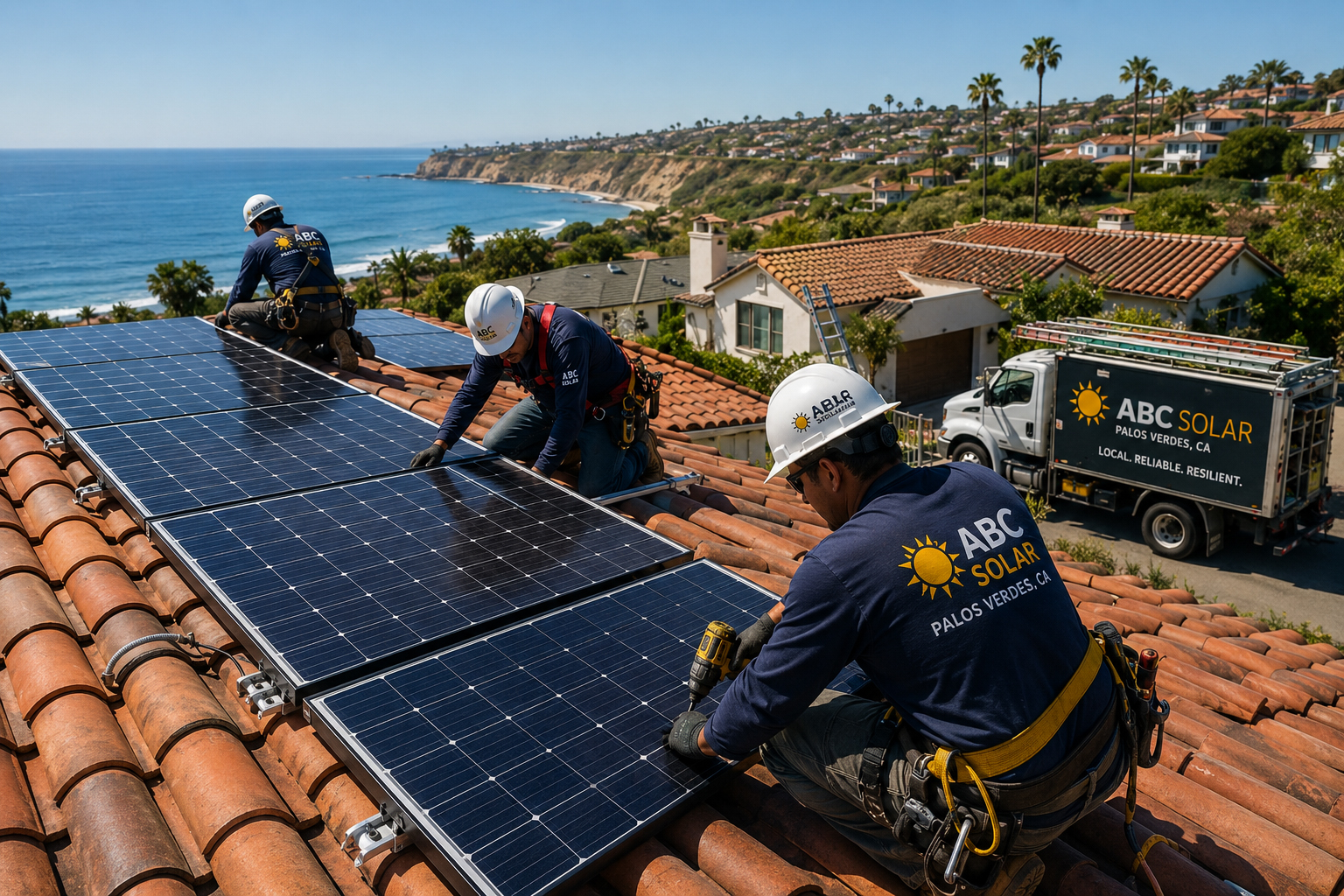 ABC Solar crew installing solar panels on a Palos Verdes tile roof