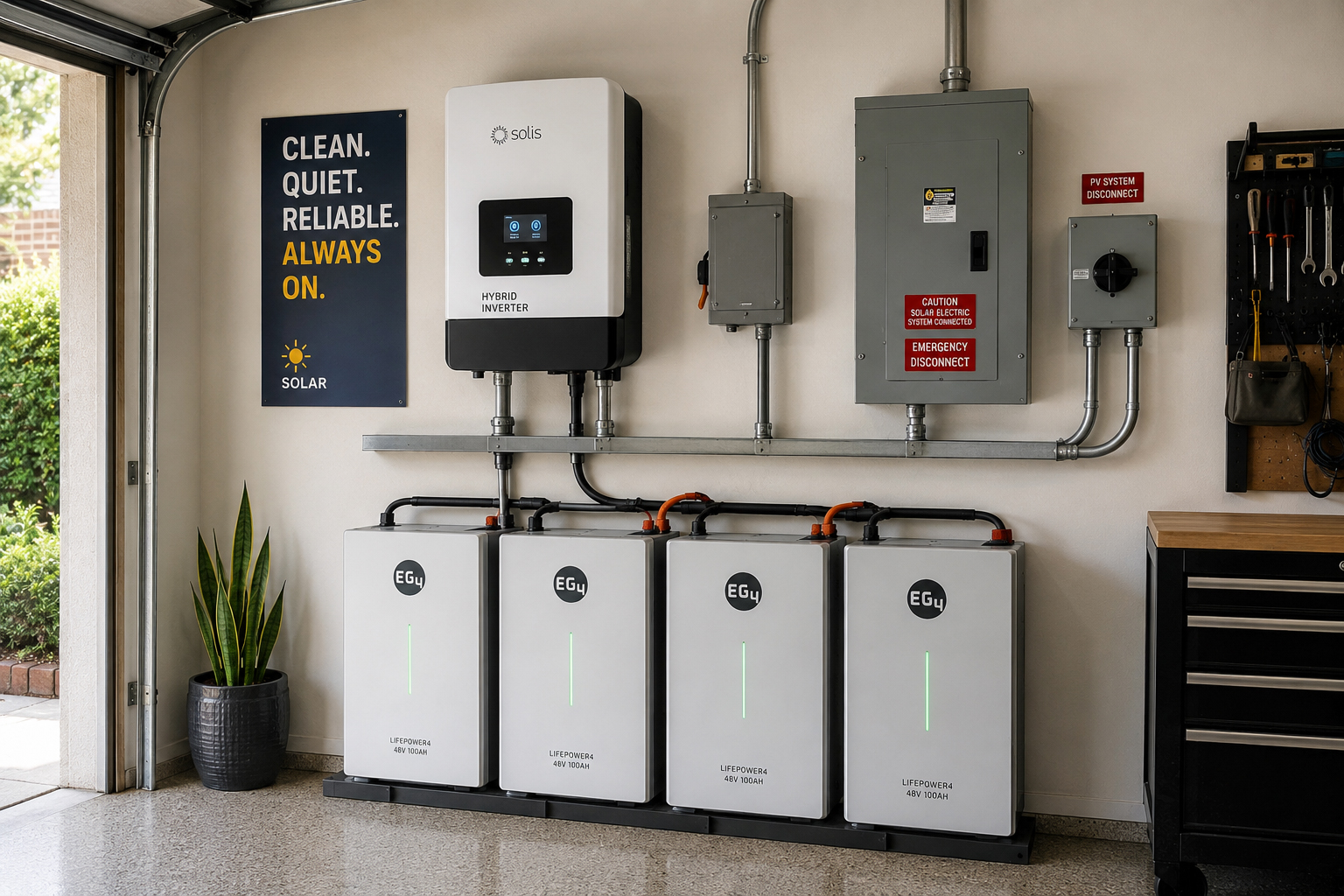 Clean wall-mounted battery backup and hybrid inverter installation